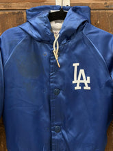 Load image into Gallery viewer, Los Angeles Dodgers Vintage 80s Youth Hooded Chalk Line Satin Bomber Jacket Aged Blue ABC Vintage 