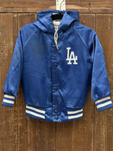 Load image into Gallery viewer, Los Angeles Dodgers Vintage 80s Youth Hooded Chalk Line Satin Bomber Jacket Aged Blue ABC Vintage 