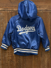 Load image into Gallery viewer, Los Angeles Dodgers Vintage 80s Youth Hooded Chalk Line Satin Bomber Jacket Aged Blue ABC Vintage 