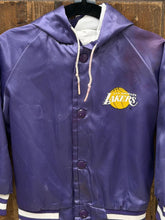 Load image into Gallery viewer, Los Angeles Lakers Vintage 80s Youth Hooded Chalk Line Satin Bomber Jacket Aged Purple ABC Vintage 