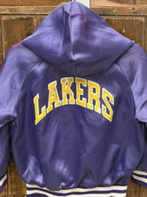 Load image into Gallery viewer, Los Angeles Lakers Vintage 80s Youth Hooded Chalk Line Satin Bomber Jacket Aged Purple ABC Vintage 