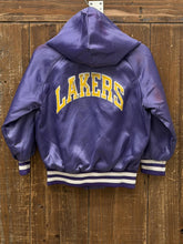 Load image into Gallery viewer, Los Angeles Lakers Vintage 80s Youth Hooded Chalk Line Satin Bomber Jacket Aged Purple ABC Vintage 