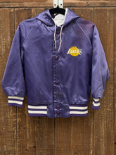 Load image into Gallery viewer, Los Angeles Lakers Vintage 80s Youth Hooded Chalk Line Satin Bomber Jacket Aged Purple ABC Vintage 