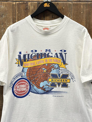 Michigan Basketball Capital of The World Vintage 1989 Pistons Wolverines Tee White ABC Vintage 