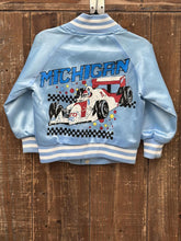 Load image into Gallery viewer, Michigan Racing Car Vintage 80s Youth Hartwell Satin Bomber Jacket Light Blue ABC Vintage 