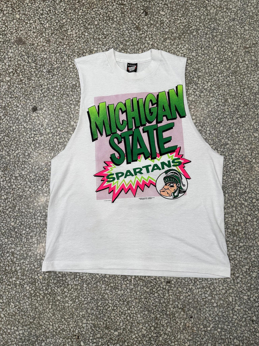 Michigan State Vintage 1990 Spartans Pow Neon Green Pink Cutoff Tee White ABC Vintage 