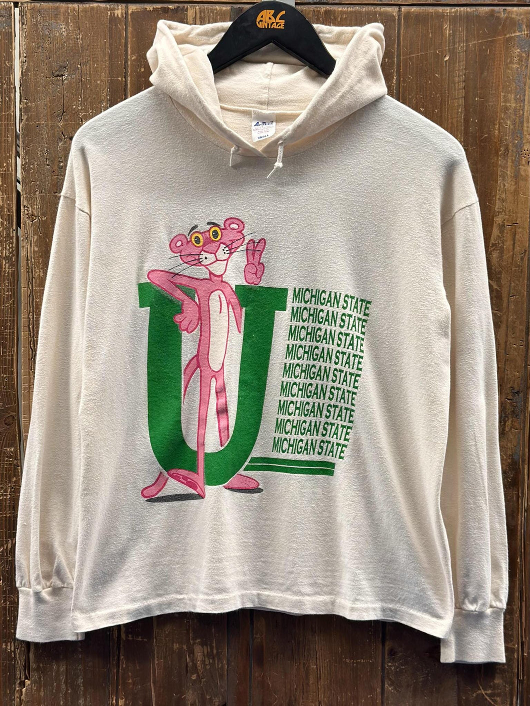 Michigan State Vintage 80s Pink Panther Hooded Tee Cream ABC Vintage 