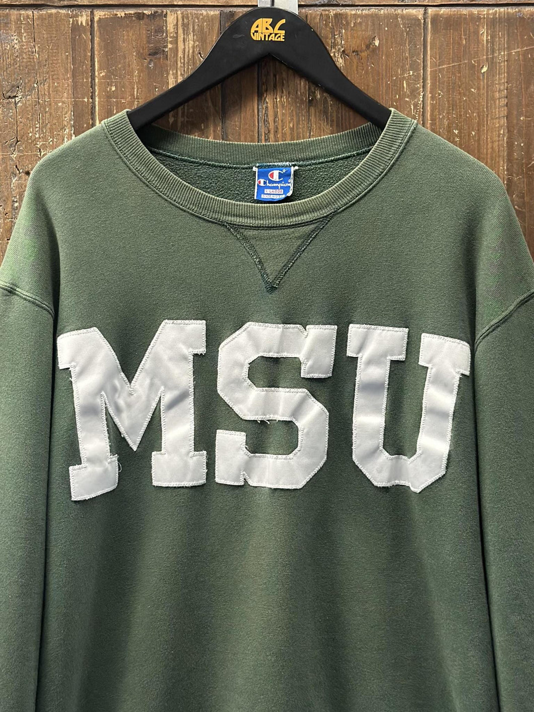 Michigan State Vintage 90s Satin MSU Logo Patch Champion Crewneck Green ABC Vintage 