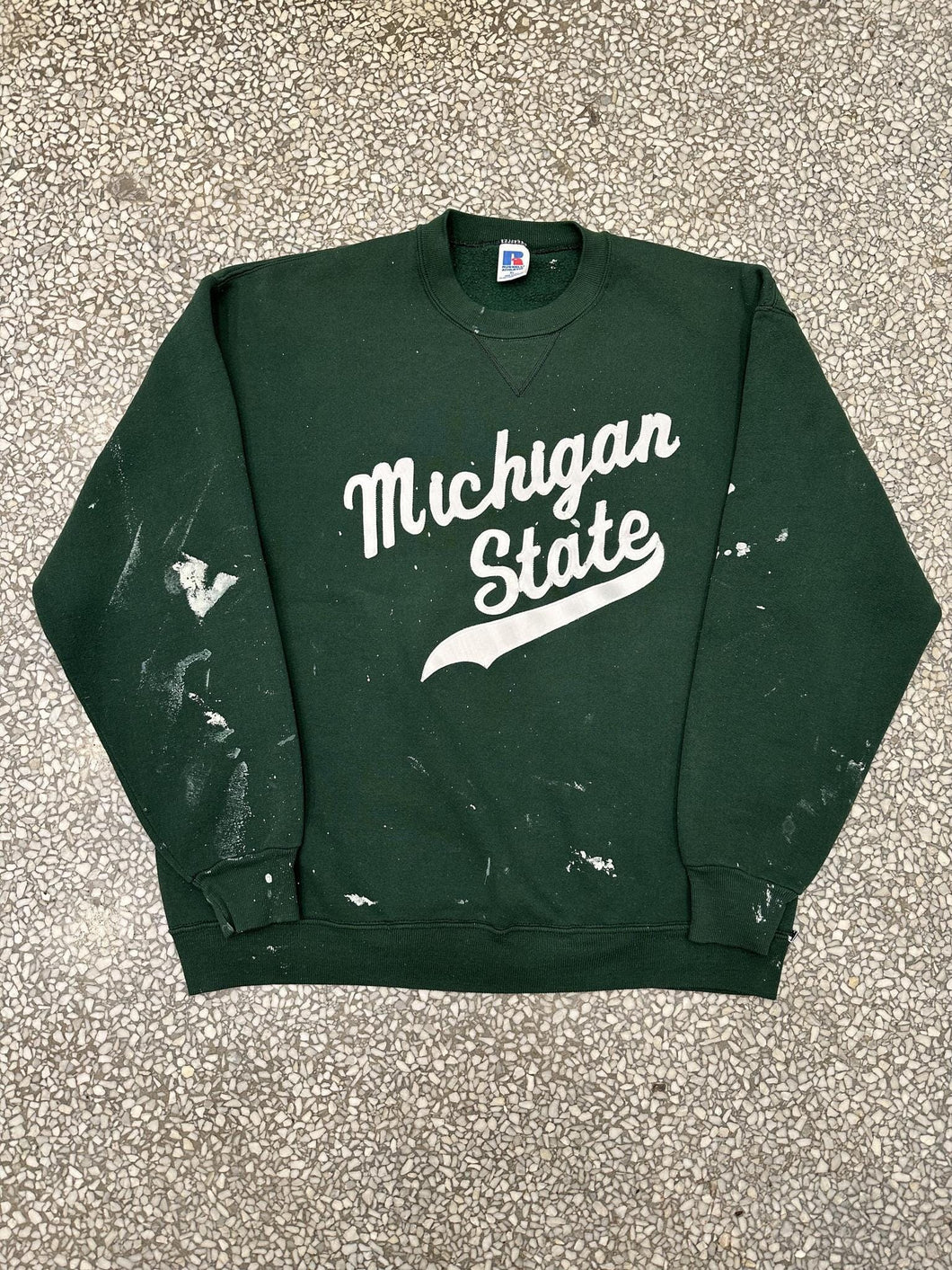 Michigan State Vintage 90s Script Russell Crewneck Painted Green ABC Vintage 