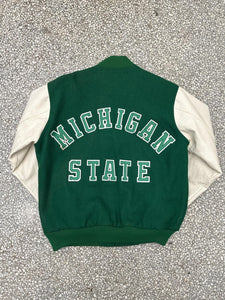 Michigan State Vintage 90s Spell Out Chalk Line Varsity Jacket Green Cream ABC Vintage 