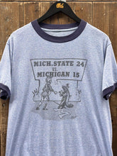 Load image into Gallery viewer, Michigan State vs Michigan Vintage 80s Ringer Tee Overdyed Blue ABC Vintage 