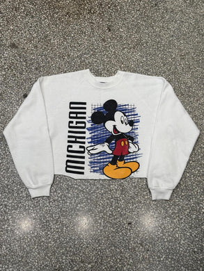 Michigan Vintage 90s Mickey Mouse Cropped Crewneck Faded White ABC Vintage 