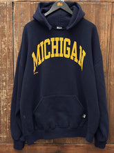 Load image into Gallery viewer, Michigan Vintage 90s Spell Out Logo Russell Hoodie Navy ABC Vintage 
