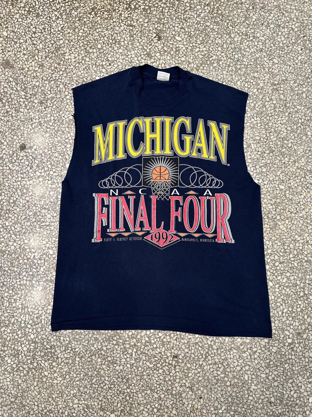 Michigan Wolverines Basketball Vintage 1992 Final Four Cutoff Tee Navy ABC Vintage 