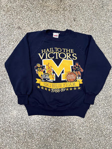 Michigan Wolverines Vintage 1988-89 Hail To The Victors Big Blue Year Crewneck Navy ABC Vintage 