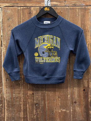Michigan Wolverines Vintage 1989 Youth Helmet Crewneck Faded Navy Yellow ABC Vintage 
