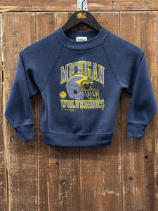 Michigan Wolverines Vintage 1989 Youth Helmet Crewneck Faded Navy Yellow ABC Vintage 