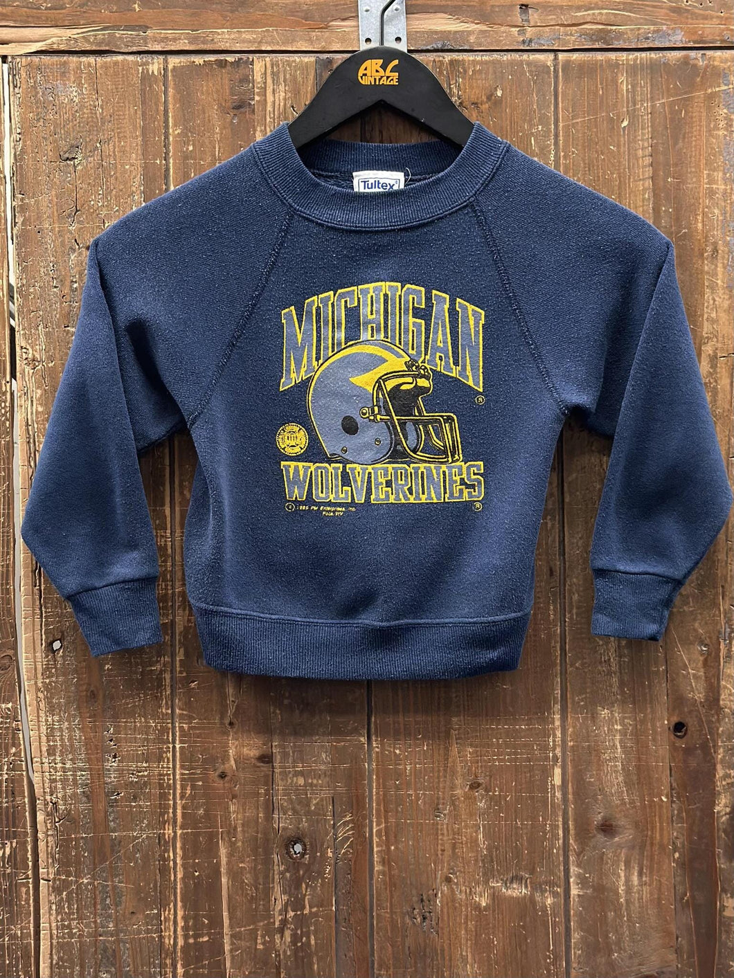 Michigan Wolverines Vintage 1989 Youth Helmet Crewneck Faded Navy Yellow ABC Vintage 