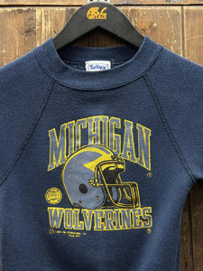 Michigan Wolverines Vintage 1989 Youth Helmet Crewneck Faded Navy Yellow ABC Vintage 