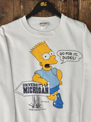 Michigan Wolverines Vintage 1990 Bart Simpson Go For It Dude Crewneck White ABC Vintage 