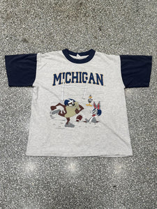 Michigan Wolverines Vintage 1994 Taz Bugs Bunny Daffy Duck Football Tee Grey Navy ABC Vintage 