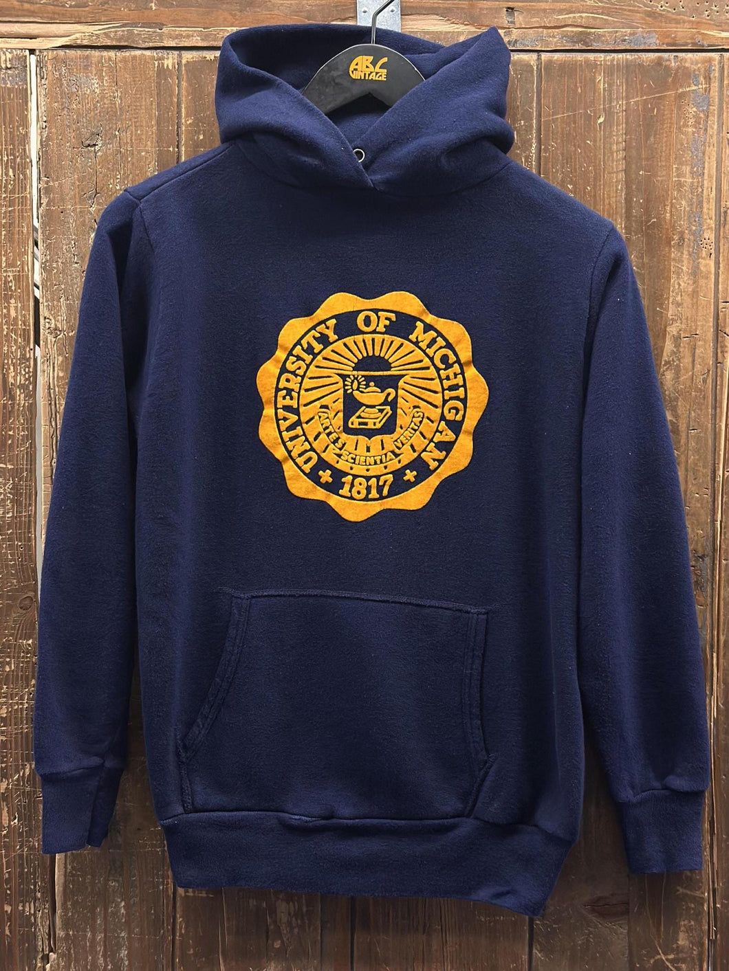 Michigan Wolverines Vintage 70s Velvet Crest Logo Hoodie Navy Yellow ABC Vintage 