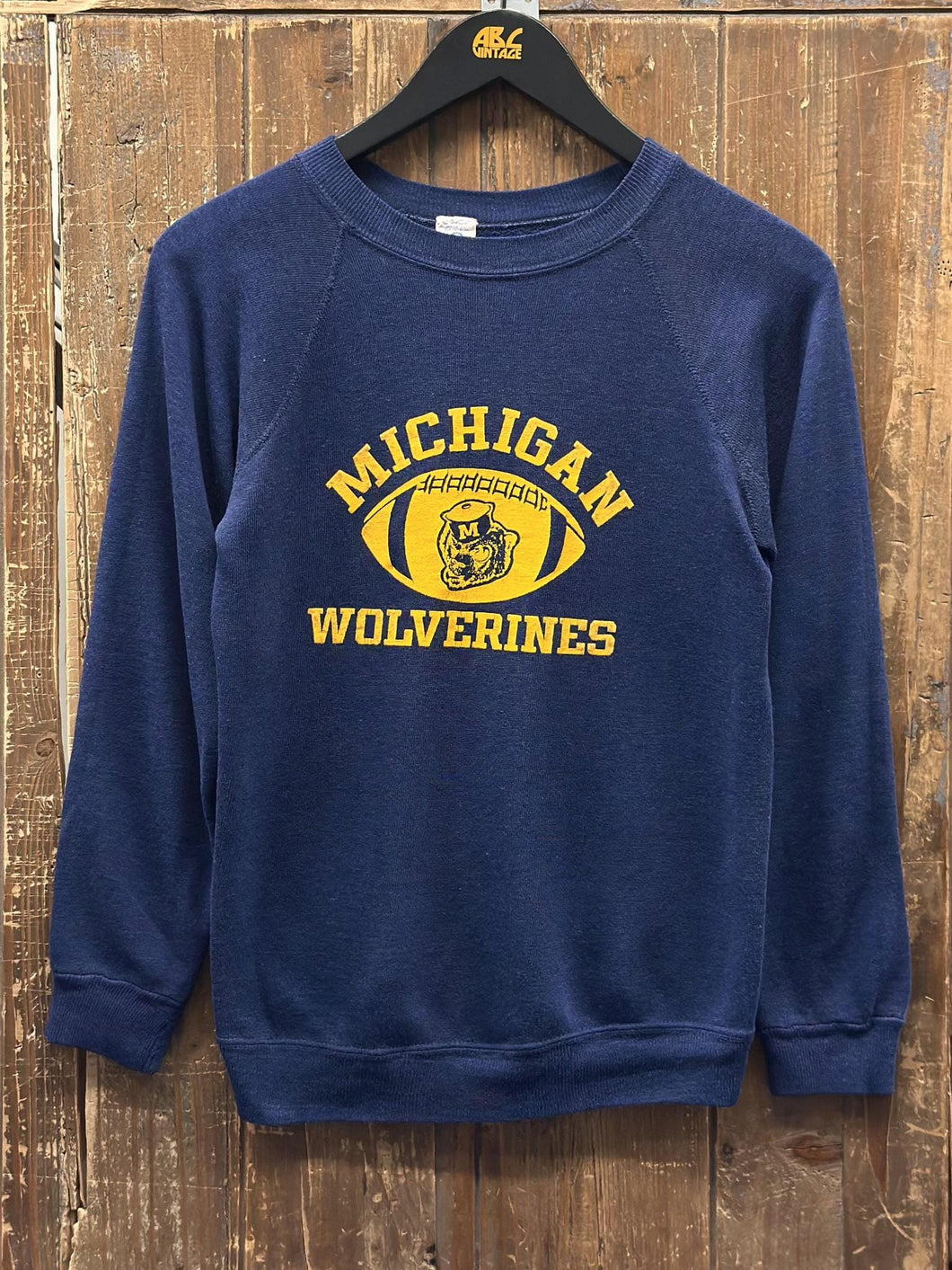 Michigan Wolverines Vintage 70s Youth Football Crewneck Navy ABC Vintage 