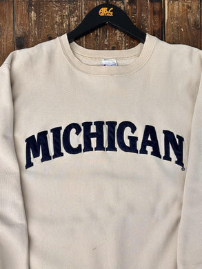 Michigan Wolverines Vintage 90s Spell Out Satin Patch Champion Reverse Weave Crewneck Cream ABC Vintage 