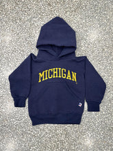 Load image into Gallery viewer, Michigan Wolverines Vintage 90s Youth Spell Out Russell Hoodie Navy ABC Vintage 
