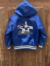 Load image into Gallery viewer, Mickey Mouse Football Vintage 90s Chalk Line Hooded Satin Bomber Jacket Blue ABC Vintage 