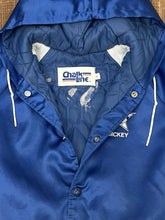 Load image into Gallery viewer, Mickey Mouse Football Vintage 90s Chalk Line Hooded Satin Bomber Jacket Blue ABC Vintage 