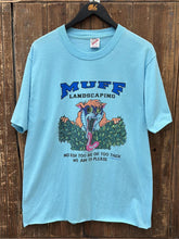 Load image into Gallery viewer, Muff Landscaping Vintage 90s Cropped Tee Faded Teal Blue ABC Vintage 