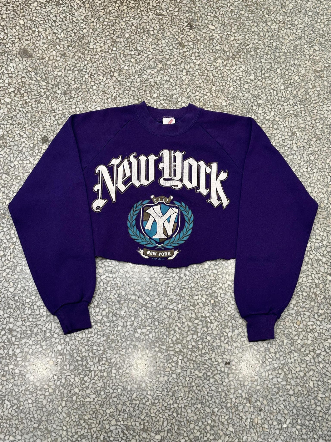 New York City Vintage 1991 Crest Cropped Crewneck Purple ABC Vintage 