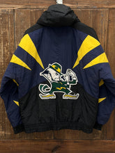 Load image into Gallery viewer, Notre Dame Vintage 90s Apex Hooded Puffer Jacket Navy Yellow ABC Vintage 
