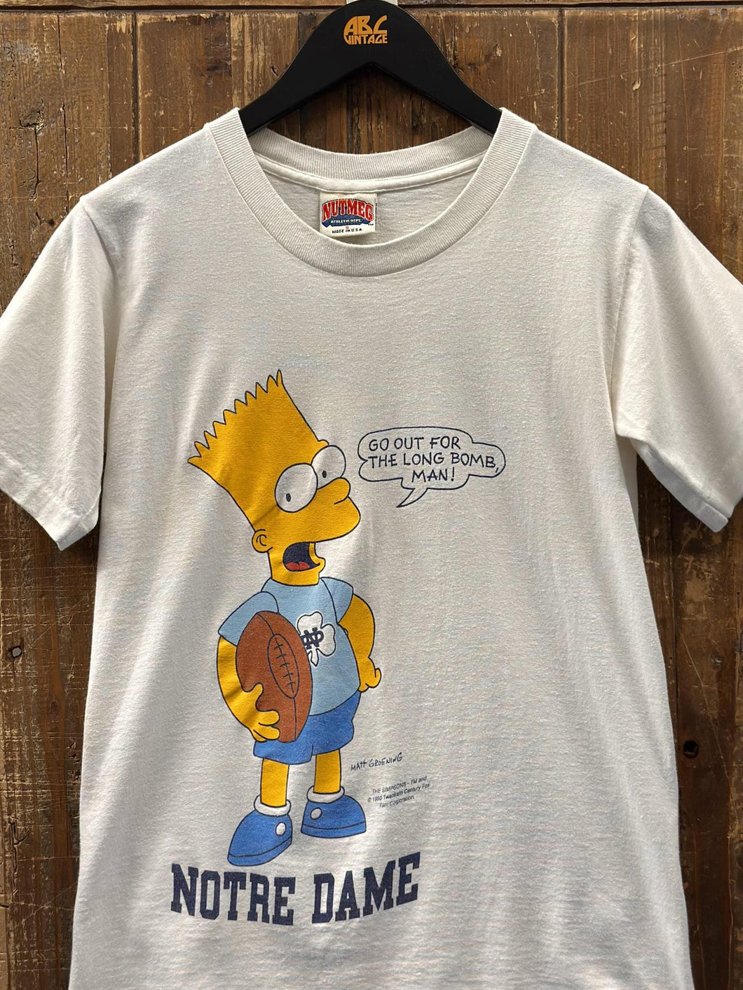 Notre Dame Vintage 90s Bart Simpson Go Out For The Long Bomb Man Faded White ABC Vintage 