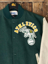 Load image into Gallery viewer, Oakland A's Vintage 80s Chalk Line Varsity Jacket Green Cream ABC Vintage 