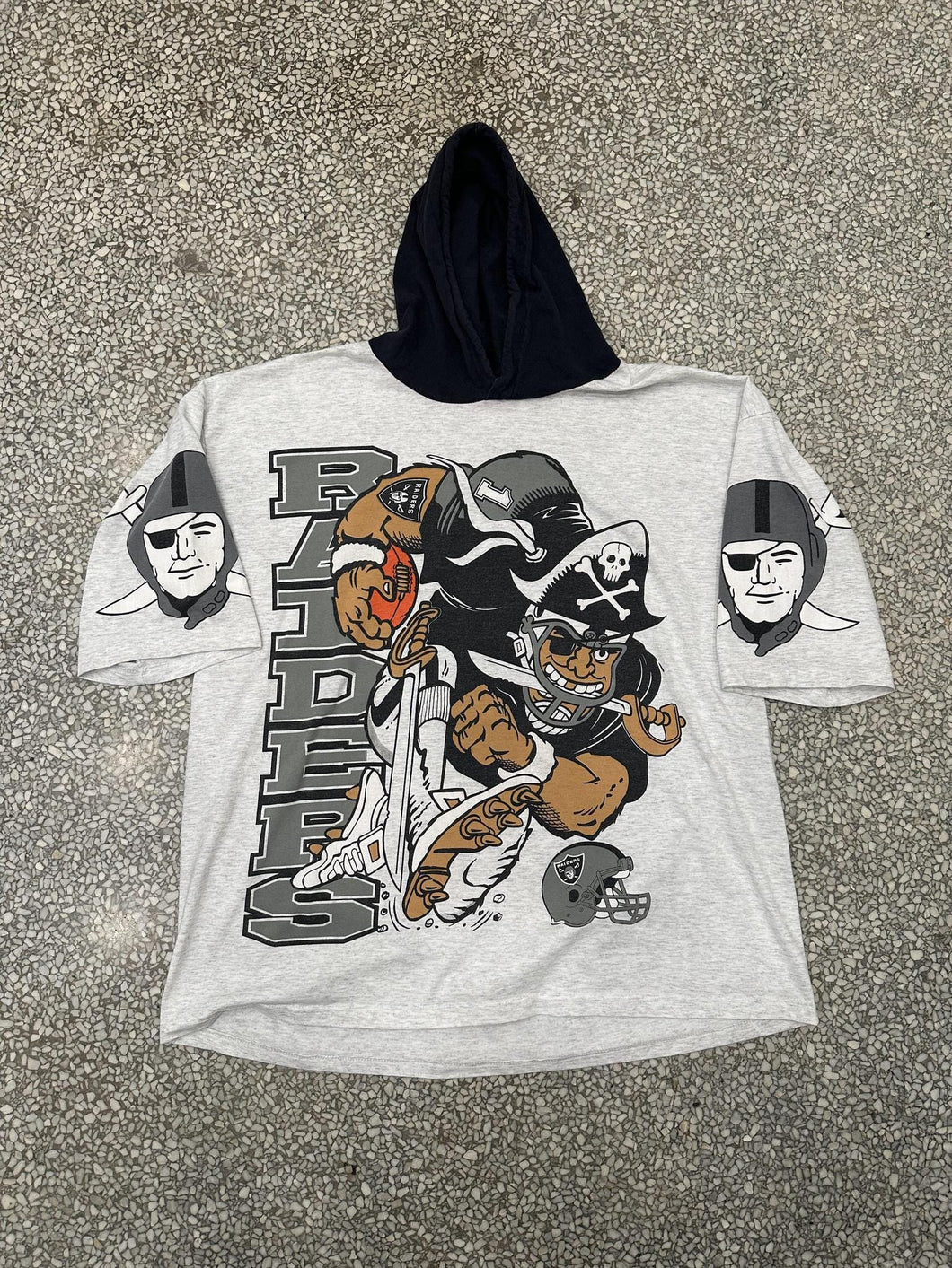 Oakland Raiders Vintage 90s Jack Davis S/S Hooded Tee Grey Black ABC Vintage 