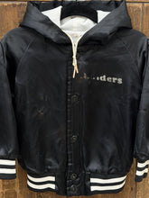 Load image into Gallery viewer, Raiders Vintage 1983 Youth Huddle Hooded Chalk Line Satin Bomber Jacket Aged Black ABC Vintage 