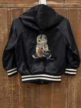 Load image into Gallery viewer, Raiders Vintage 1983 Youth Huddle Hooded Chalk Line Satin Bomber Jacket Aged Black ABC Vintage 