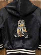 Load image into Gallery viewer, Raiders Vintage 1983 Youth Huddle Hooded Chalk Line Satin Bomber Jacket Aged Black ABC Vintage 
