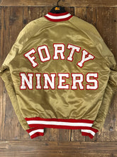 Load image into Gallery viewer, San Francisco 49ers Vintage 90s Chalk Line Spell Out Satin Bomber Jacket Gold ABC Vintage 