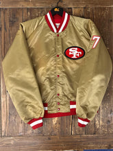 Load image into Gallery viewer, San Francisco 49ers Vintage 90s Chalk Line Spell Out Satin Bomber Jacket Gold ABC Vintage 