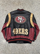 Load image into Gallery viewer, San Francisco 49ers Vintage 90s Leather Bomber Jacket Black Red Gold ABC Vintage 