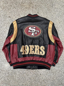 San Francisco 49ers Vintage 90s Leather Bomber Jacket Black Red Gold ABC Vintage 