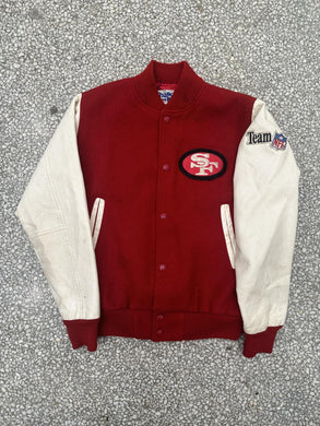 San Francisco 49ers Vintage 90s Spell Out Chalk Line Varsity Jacket Red ABC Vintage 