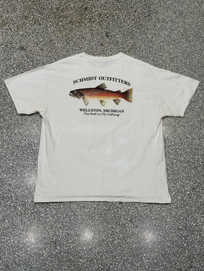 Schmidt Outfitters Wellston Michigan Vintage 90s Fly Fishing Tee Cream ABC Vintage 