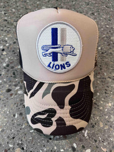ABC Vintage Detroit Lions Vintage Stripe Lion Round Patch Trucker Hat (Camo) ABC Vintage 