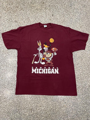 Daffy, Bugs & Taz 1994 Central Michigan Basketball Maroon T-Shirt ABC Vintage 