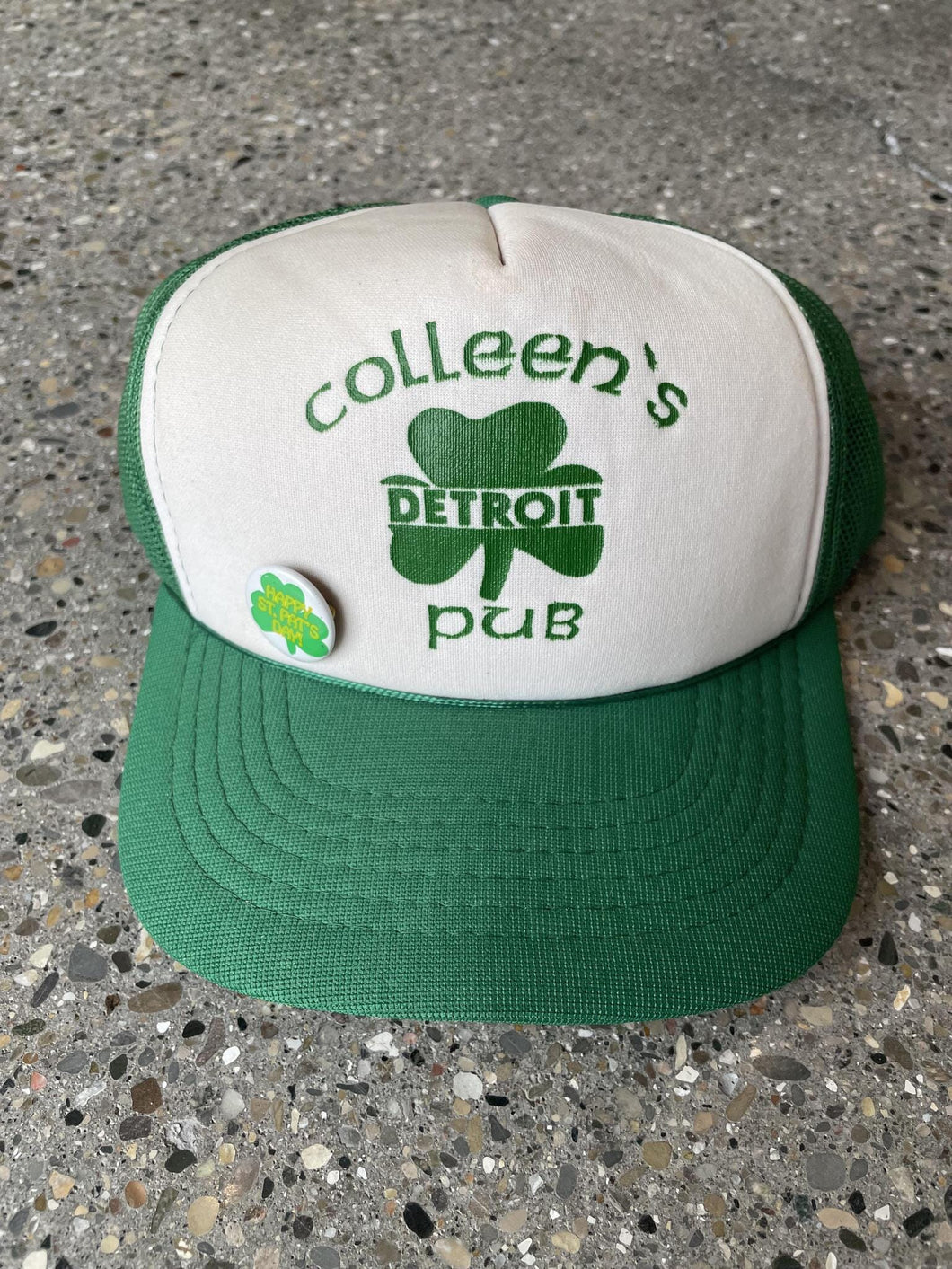 Detroit Colleen's Pub Saint Patrick's Day With Pin Vintage Trucker Hat White Green ABC Vintage 