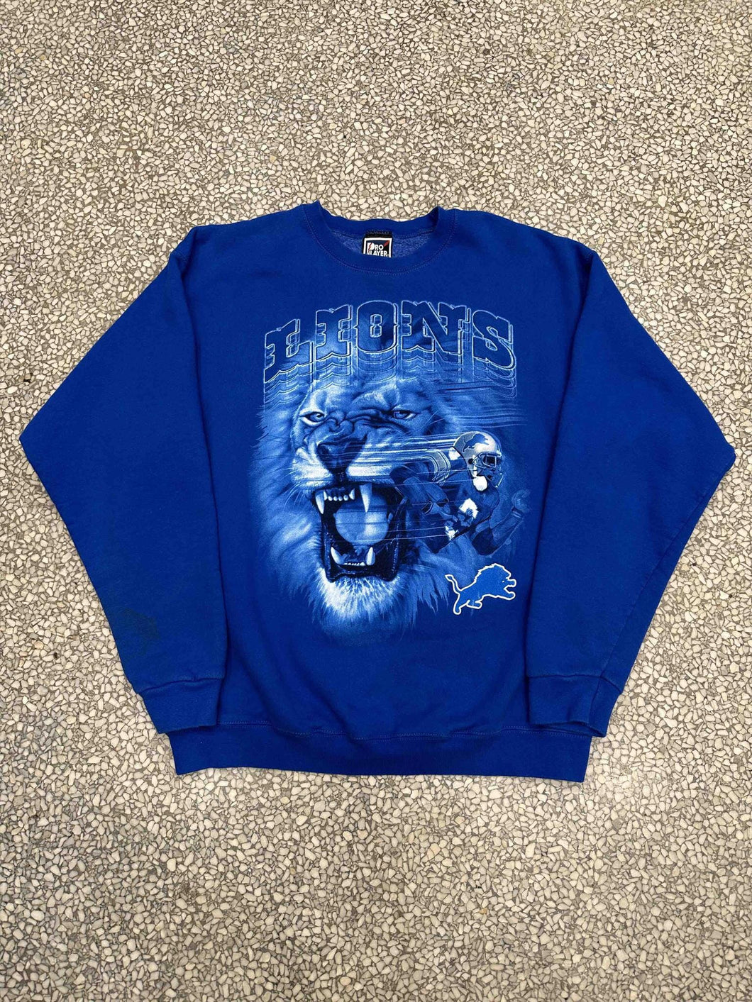 Detroit Lions Vintage 90s Angry Lion With Player Crewneck Royal Blue ABC Vintage 